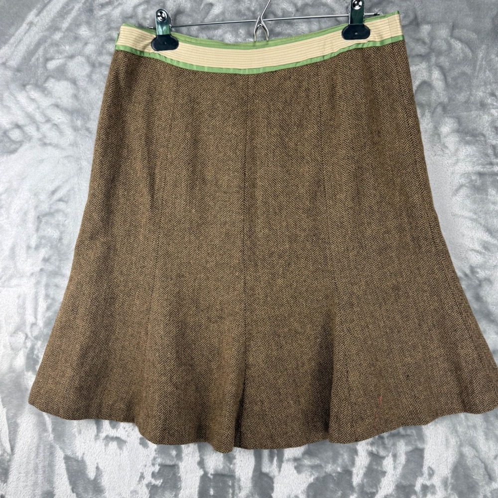 Ann Taylor Loft Brown Herringbone Wool Blend Skirt Green Trim Size 6 Irish - Picture 2 of 16